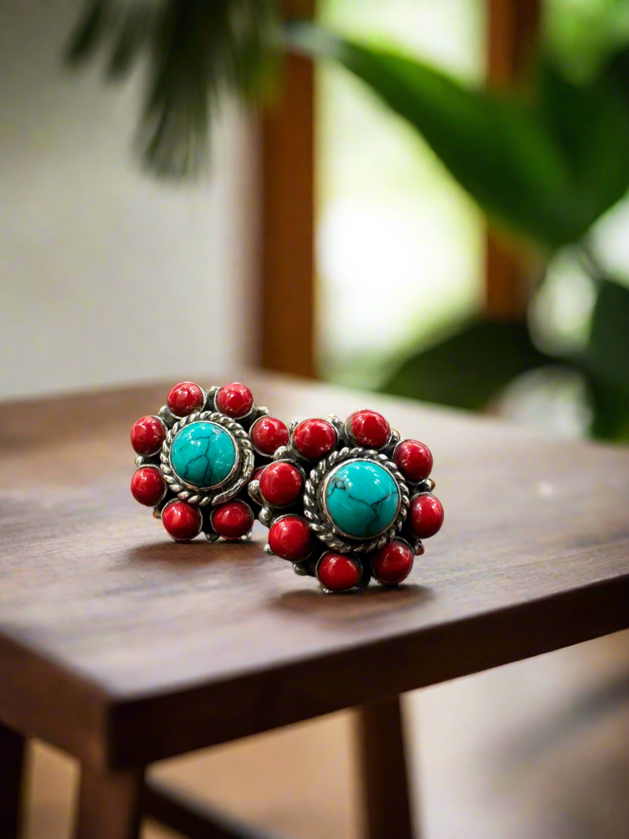 Silver 92.5 Red Turquoise Round Earrings