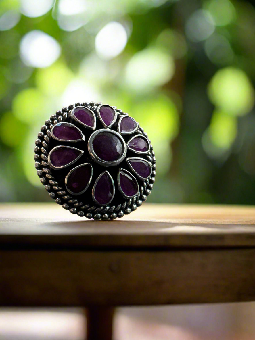 92.5 Silver Round Stone Ring (Adjustable Size)