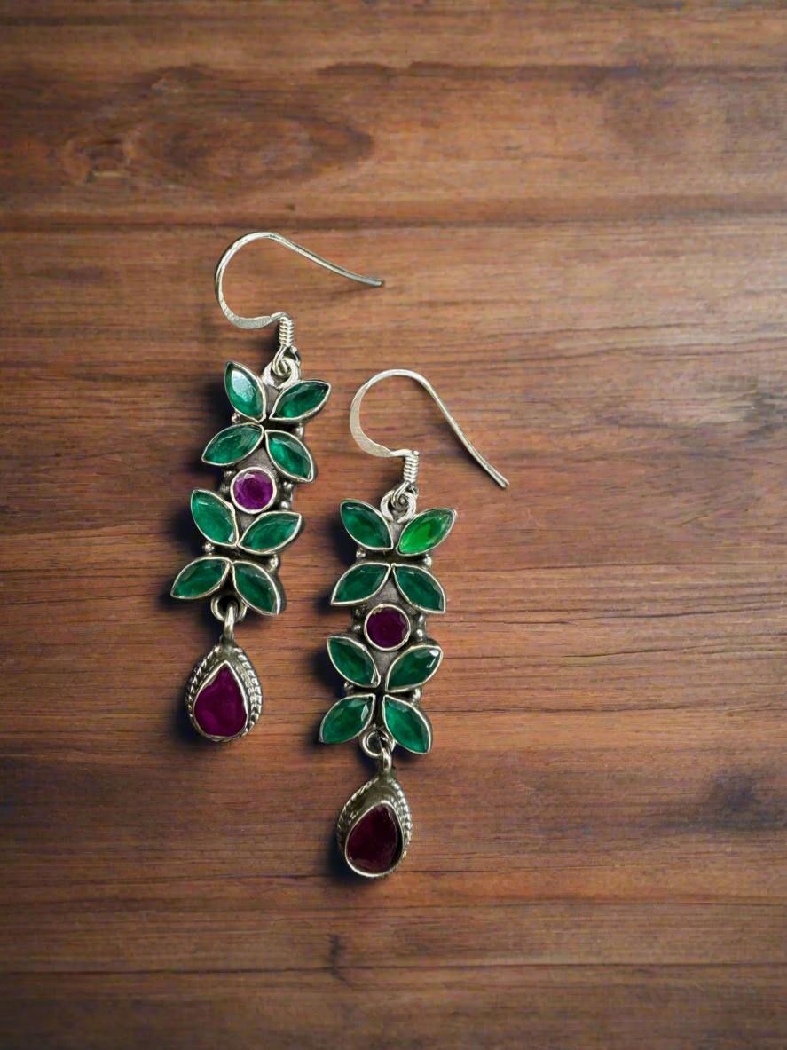 Silver Red Green Hanging Earrings