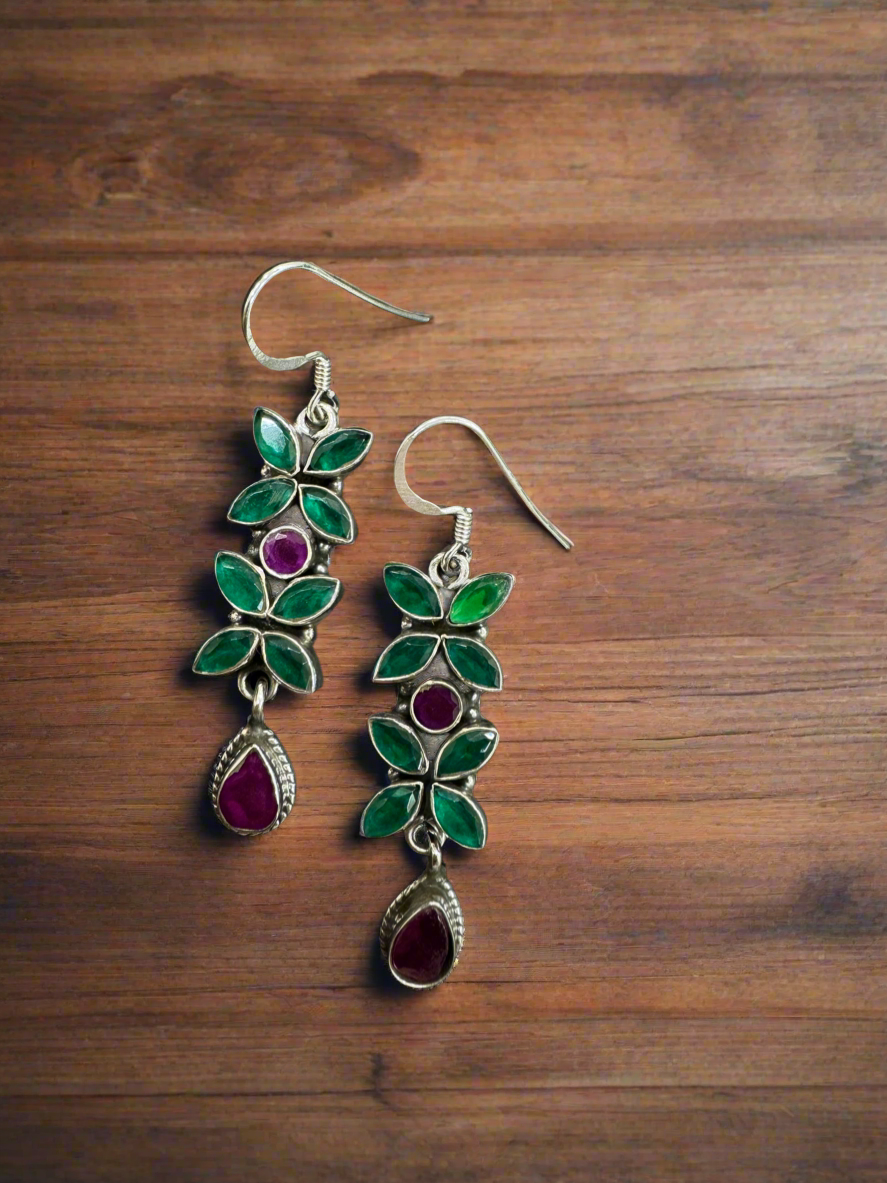 Silver 92.5 Red Green Hanging Earrings