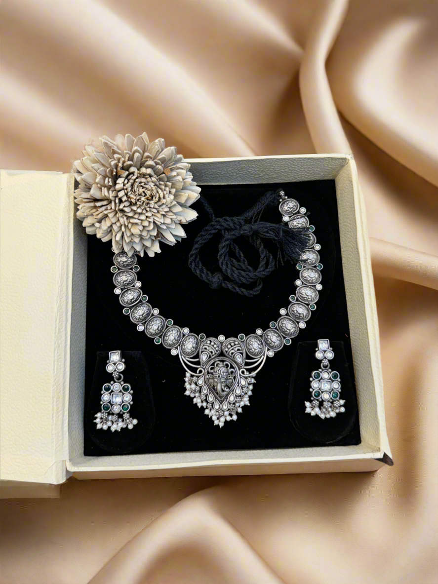 Antique 92.5 Silver Ganesha Temple Necklace Set