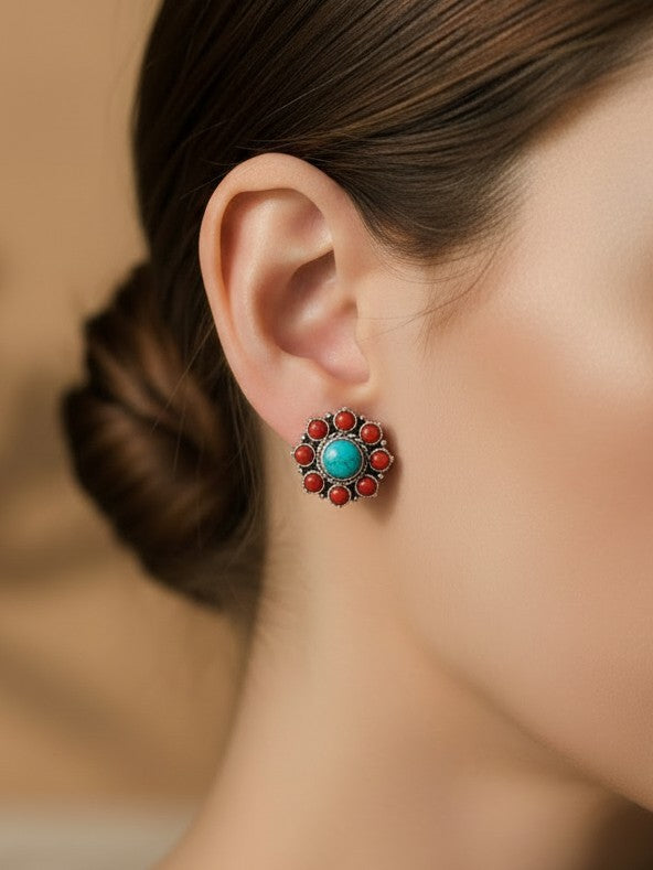 Silver 925 Red Turquoise Round Earrings