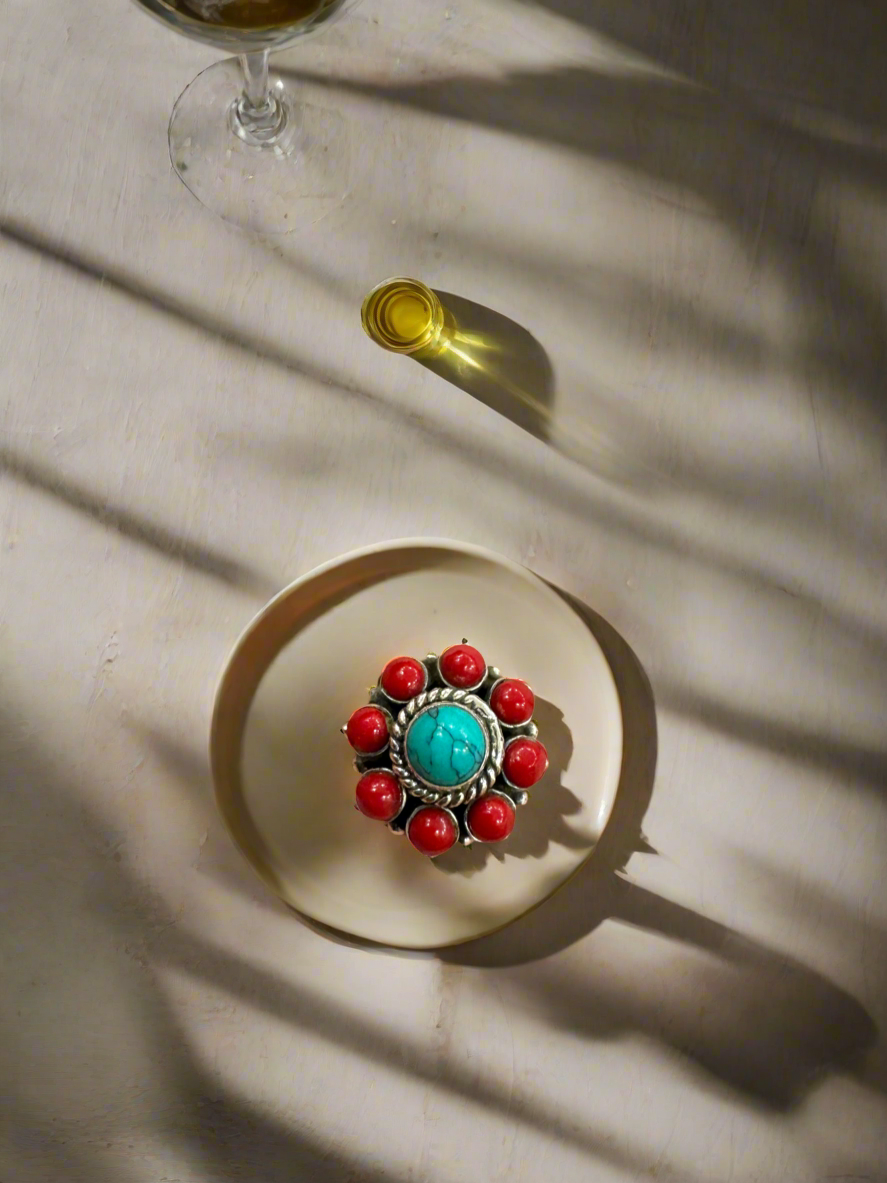 Silver 92.5 Red Turquoise Round Earrings