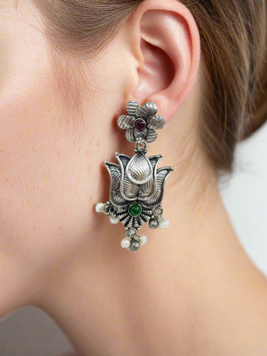Antique Silver Padma Divya Temple Earrings