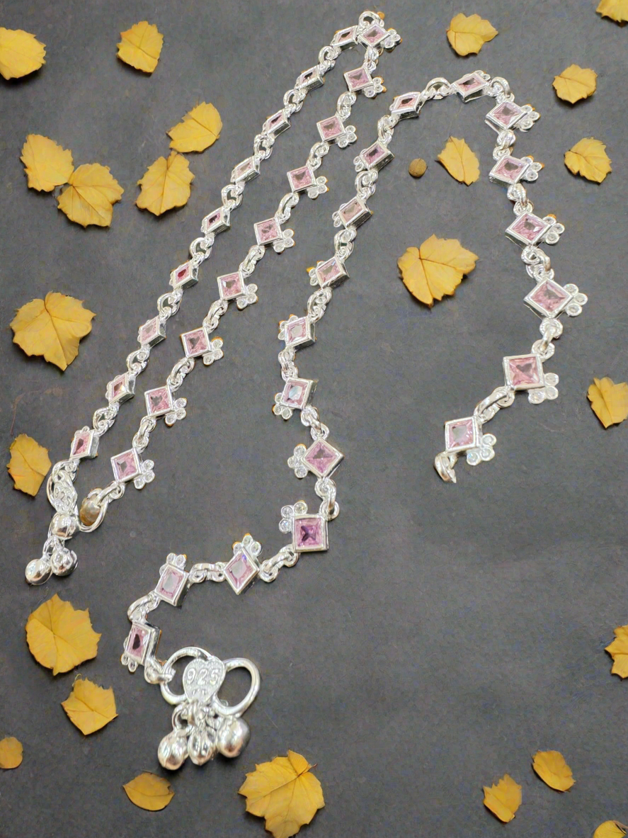 92.5 Silver Pink Stones Anklets - Pair