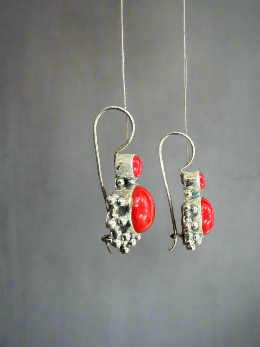 92.5 Silver Red Betel Hanging Earrings