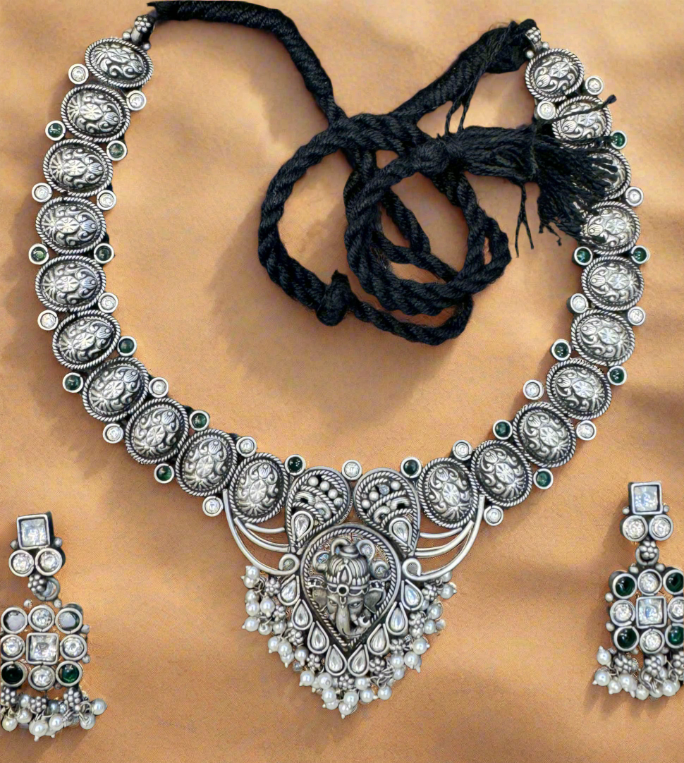 Antique 92.5 Silver Ganesha Temple Necklace Set