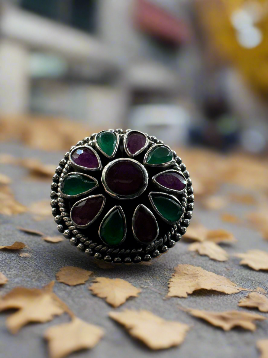 92.5 Silver Pink Green Round Stone Ring (Adjustable Size)