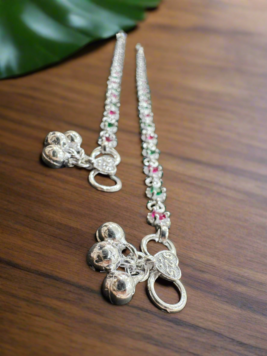 Pair Of 92.5 Silver Red and Green Stones Anklets