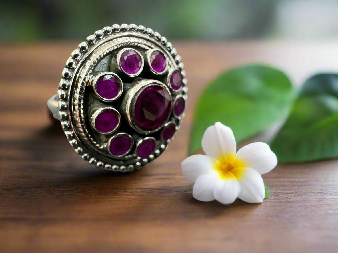 92.5 Silver Pink Round Stone Ring (Adjustable Size)