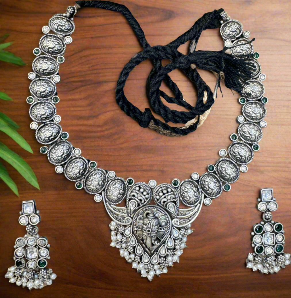 Antique 92.5 Silver Ganesha Temple Necklace Set