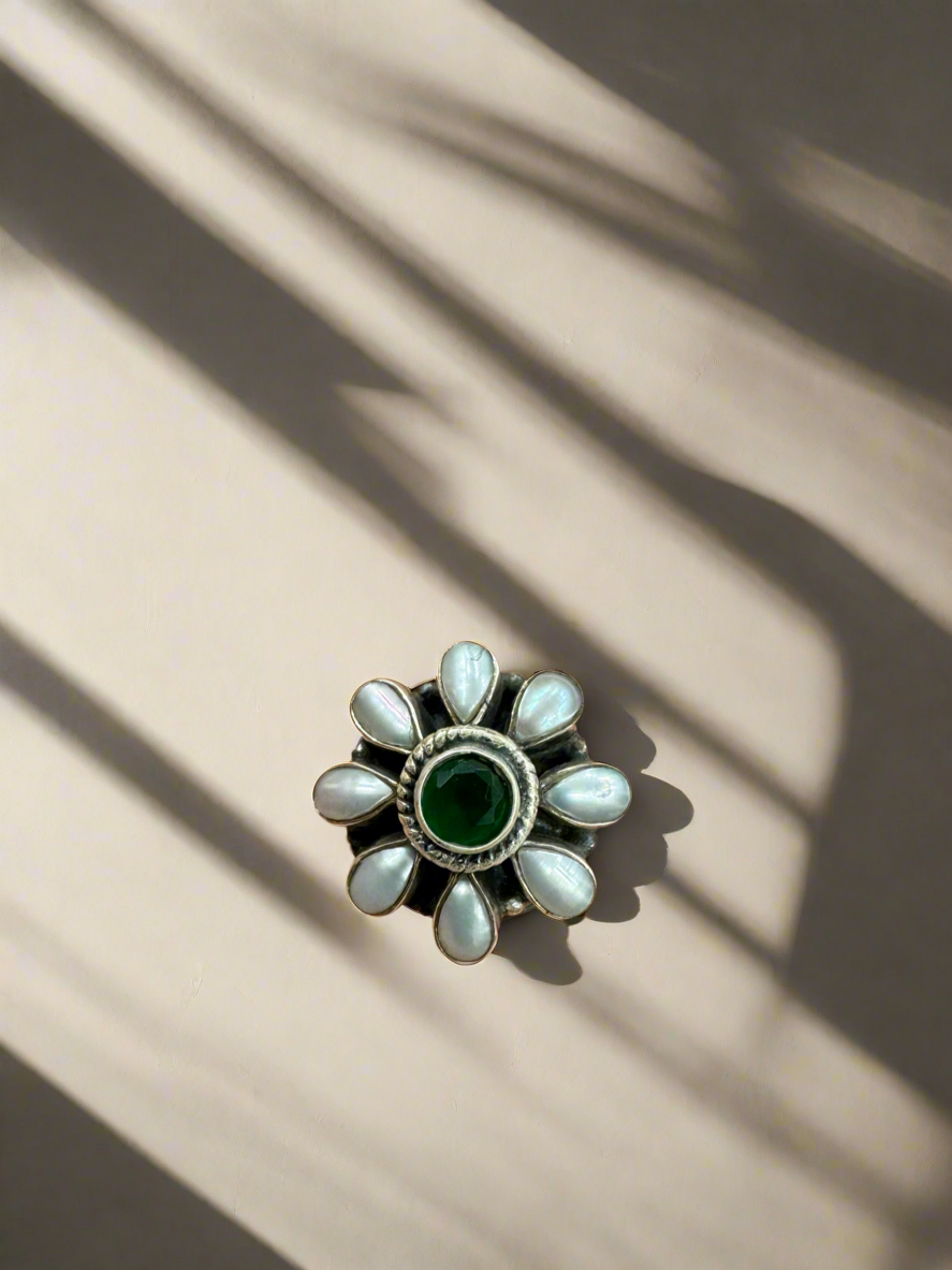 Silver 92.5 Round Stone and Pearls Ring (Adjustable Size)