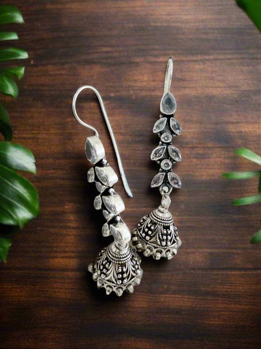Antique Nayira Crystal Vine 92.5 Silver Jhumki Earrings - Handcrafted