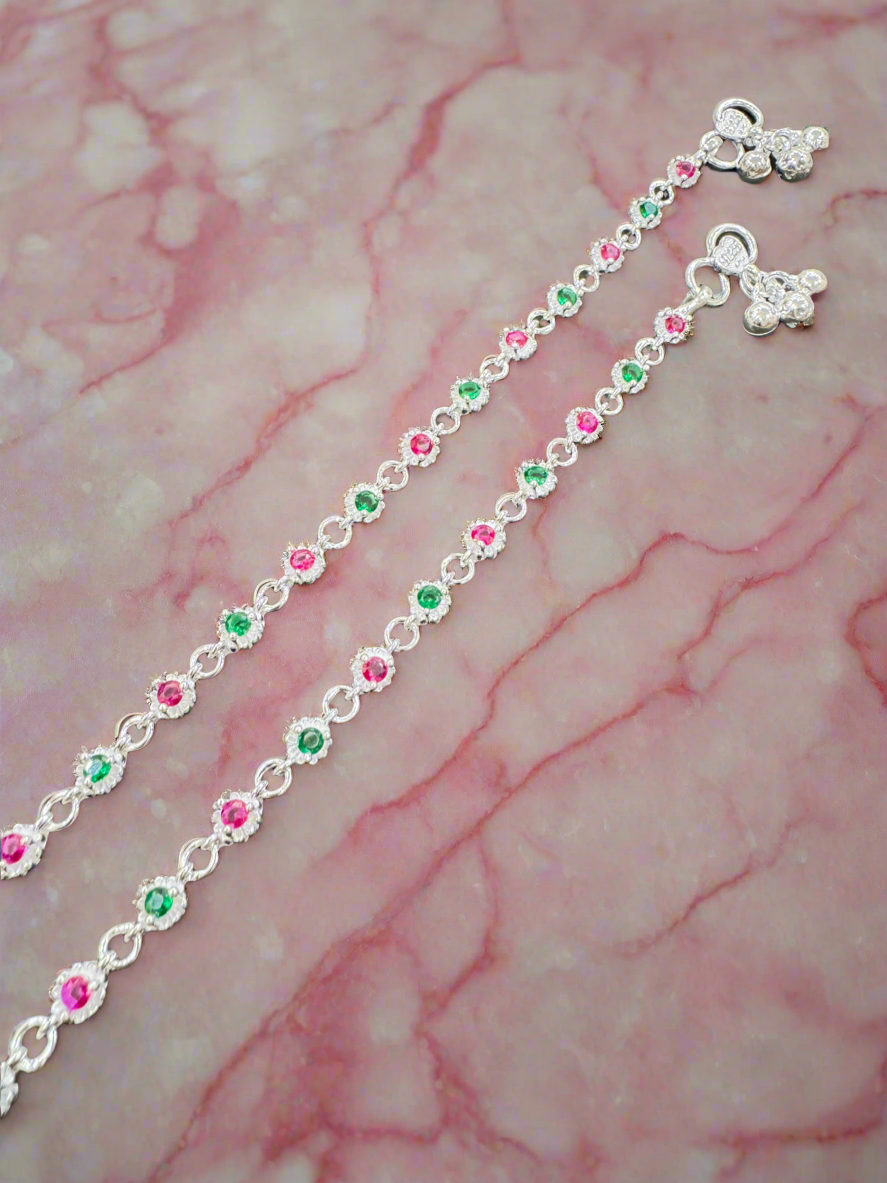 Pair Of 92.5 Silver Red and Green Stones Anklets