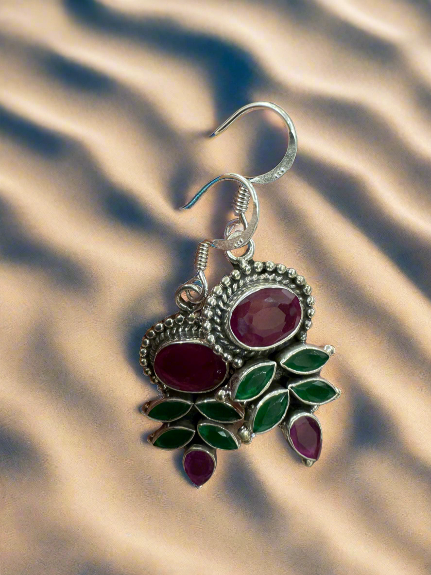 92.5 Silver Pink Green Hanging Earrings