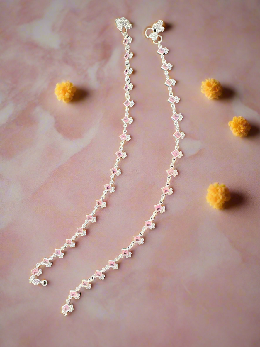 92.5 Silver Pink Stones Anklets - Pair