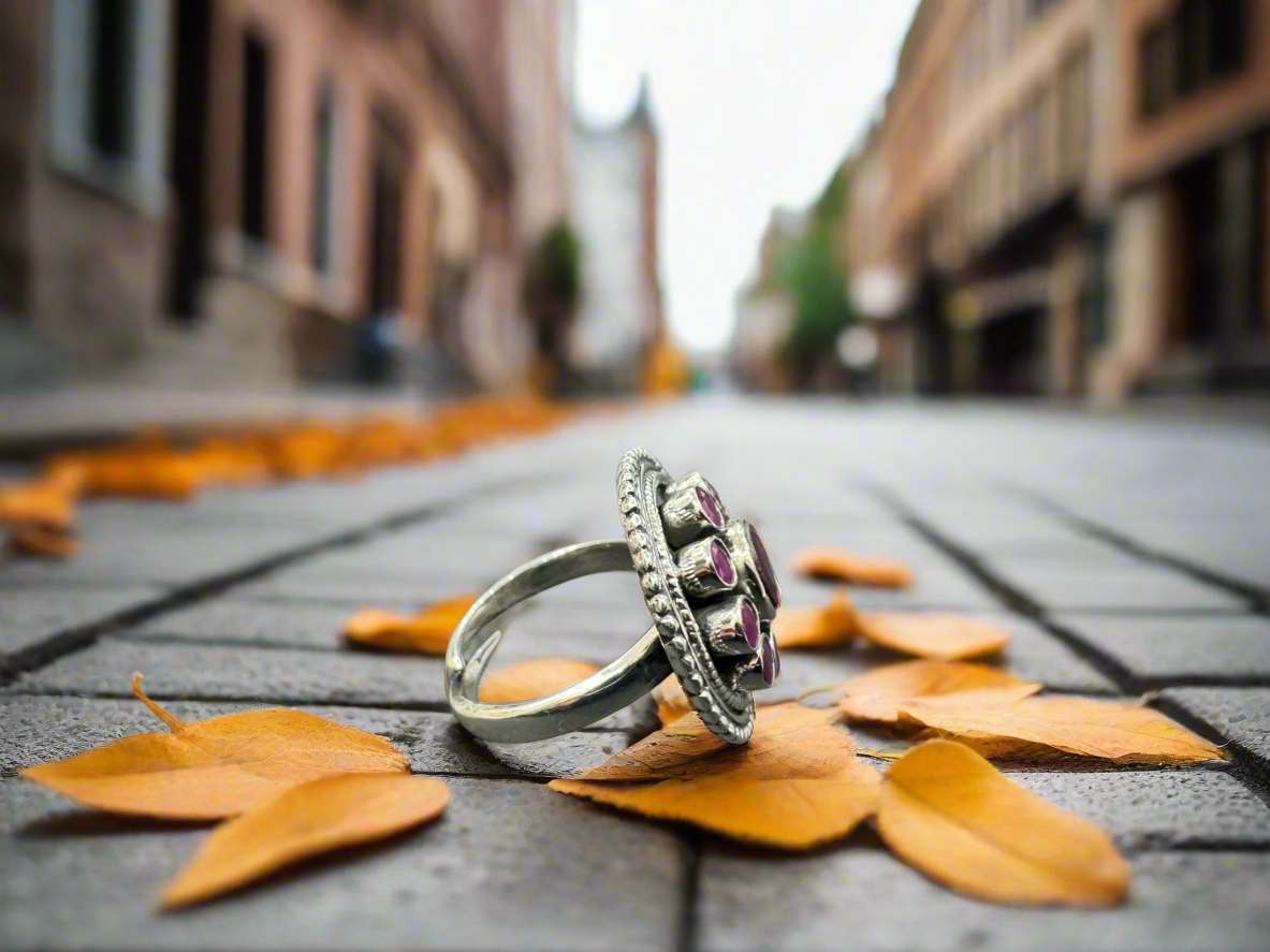 92.5 Silver Pink Round Stone Ring (Adjustable Size)