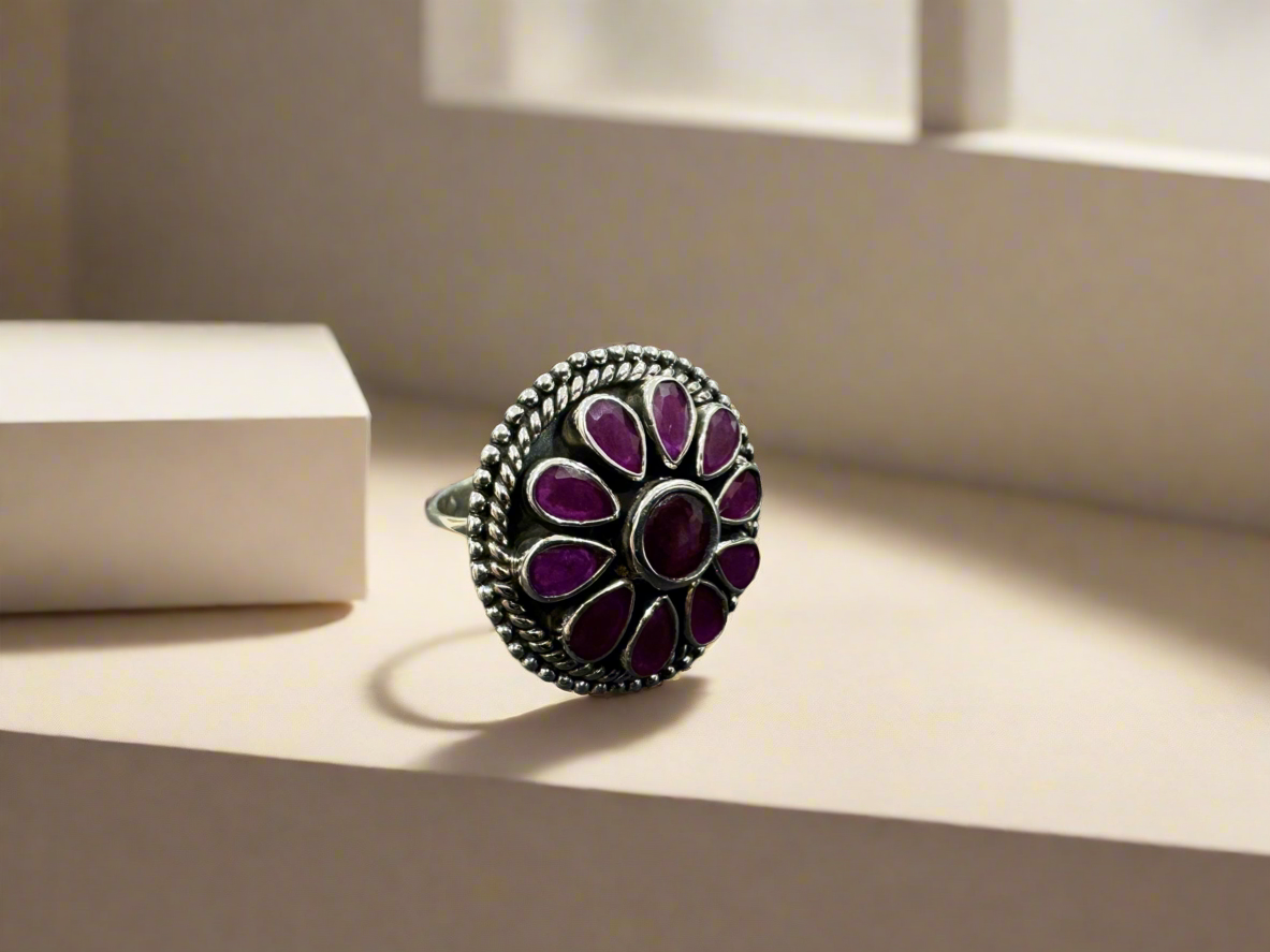 92.5 Silver Round Stone Ring (Adjustable Size)