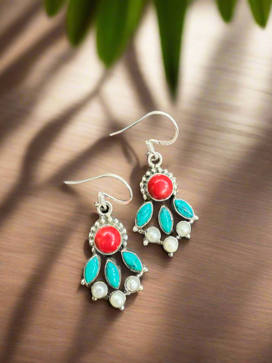 92.5 Silver Pearl Turquoise Red Hanging Earrings