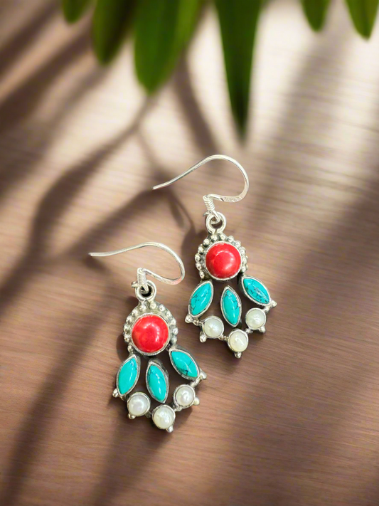 Silver Turquoise Red Hanging Earrings