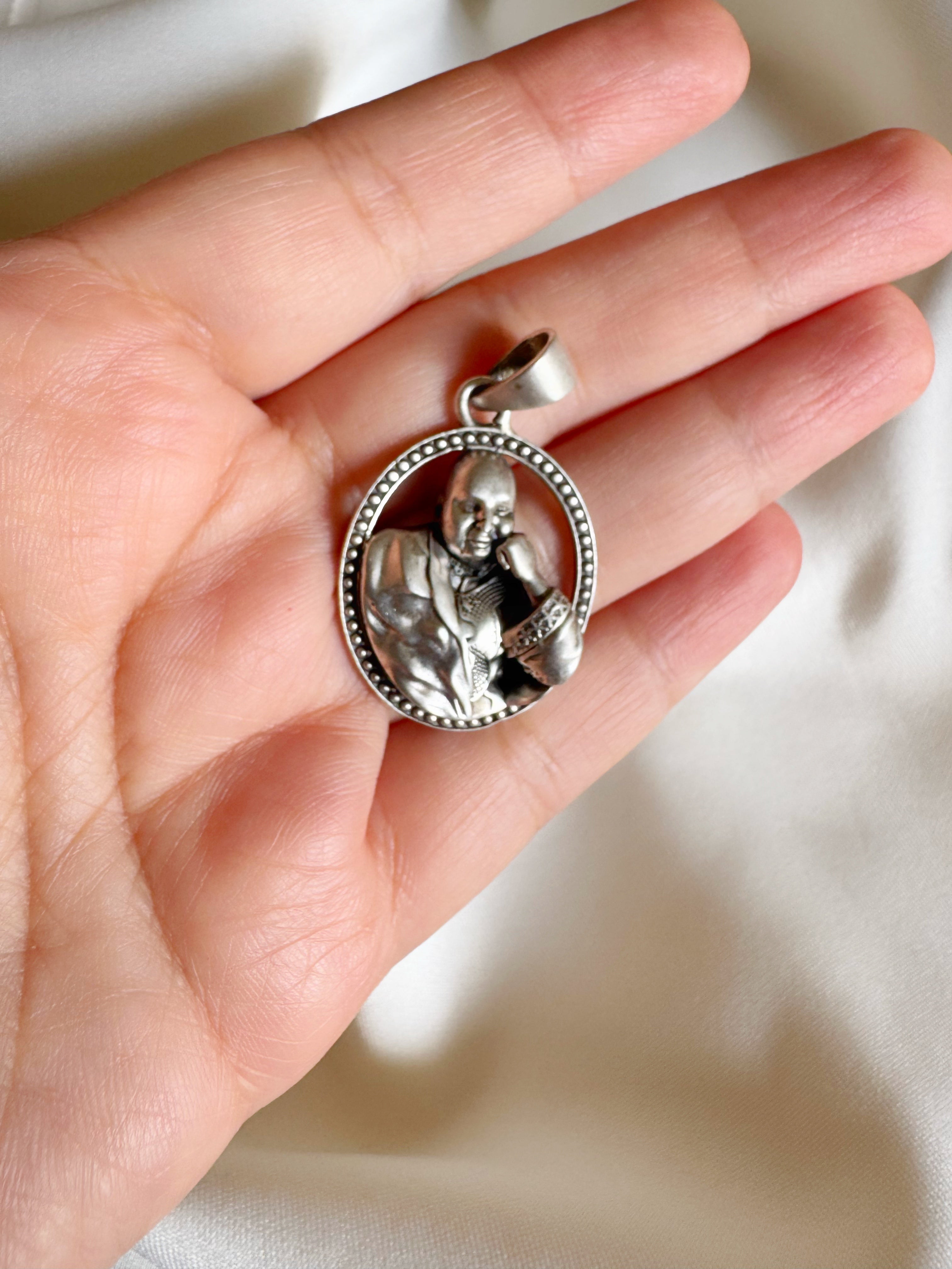 Guruji 92.5 Silver Handcrafted Big Oval Pendant (With or Without Chain)
