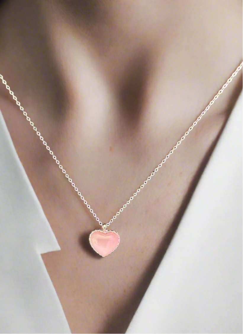 Silver Pink Heart Pendant Minimalistic Necklace