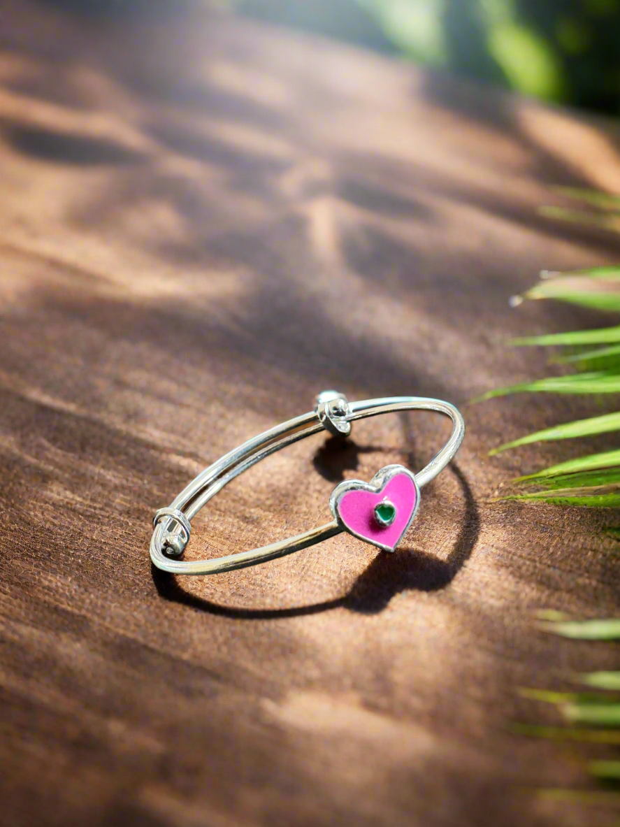 92.5 Silver Pink Heart Flexible Size Bracelet for Kids