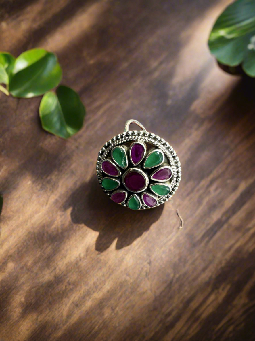 92.5 Silver Pink Green Round Stone Ring (Adjustable Size)