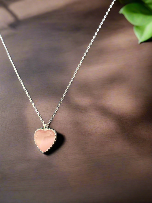 Silver Pink Heart Pendant Minimalistic Necklace