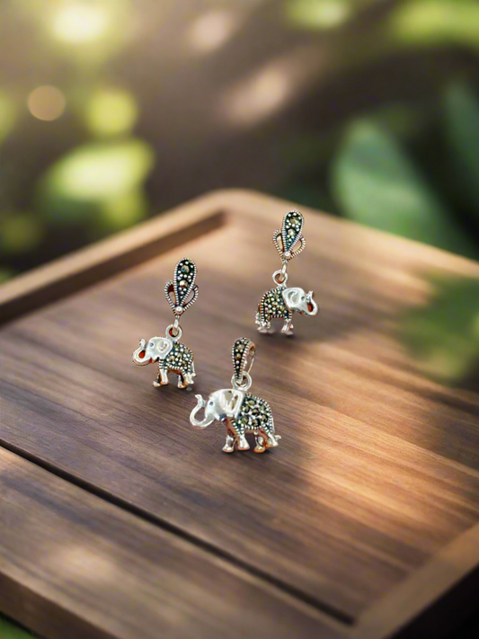 Gajshree – Marcasite 92.5 Silver Elephant Earrings & Pendant Set