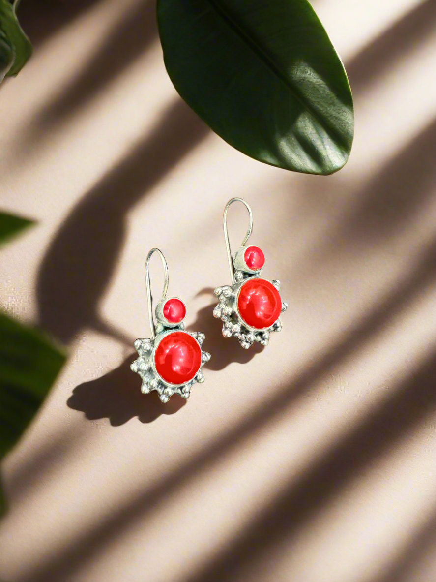 92.5 Silver Red Betel Hanging Earrings