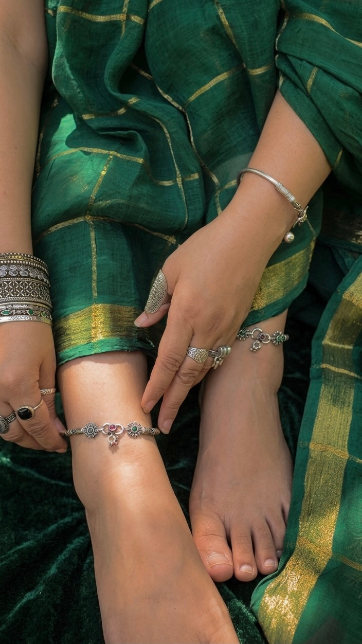 Pushpita 925 Silver Handcrafted Kada Anklet (Single Piece)