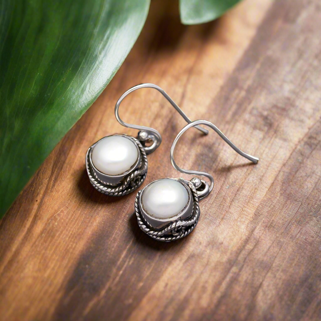 92.5 Silver White Pearl Classic Hanging Earrings