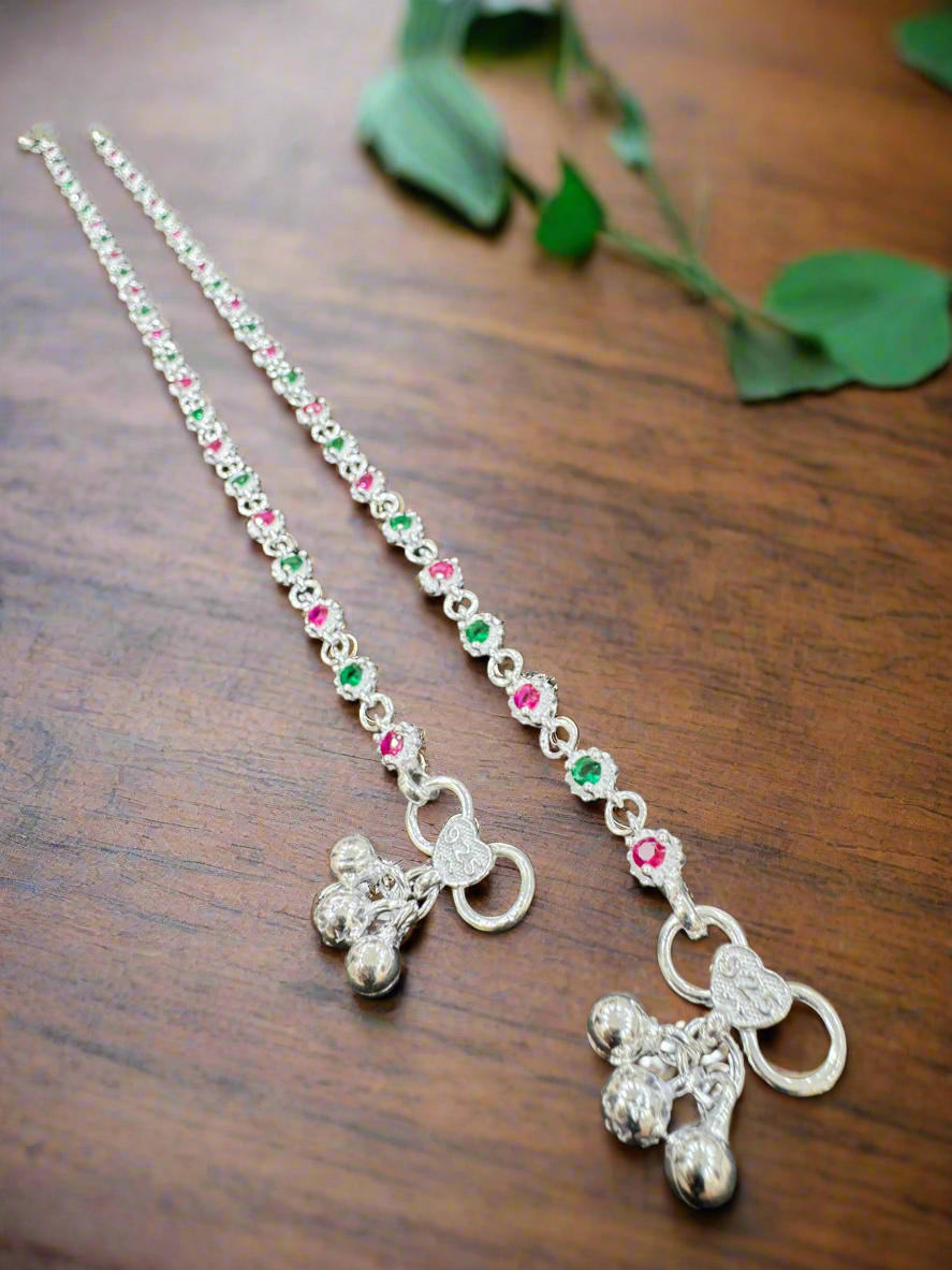 Pair Of 92.5 Silver Red and Green Stones Anklets