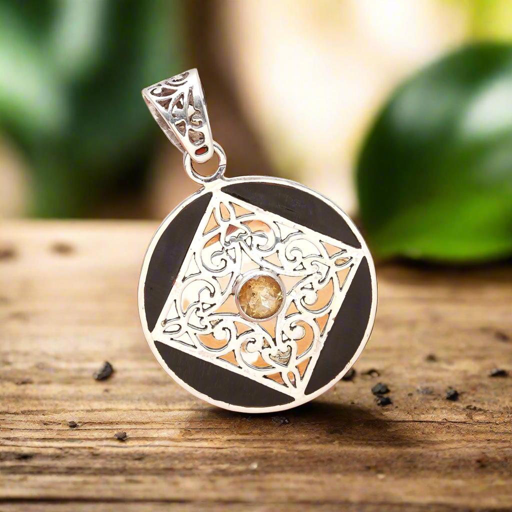 92.5 Silver Ebony Wood Round Pendant