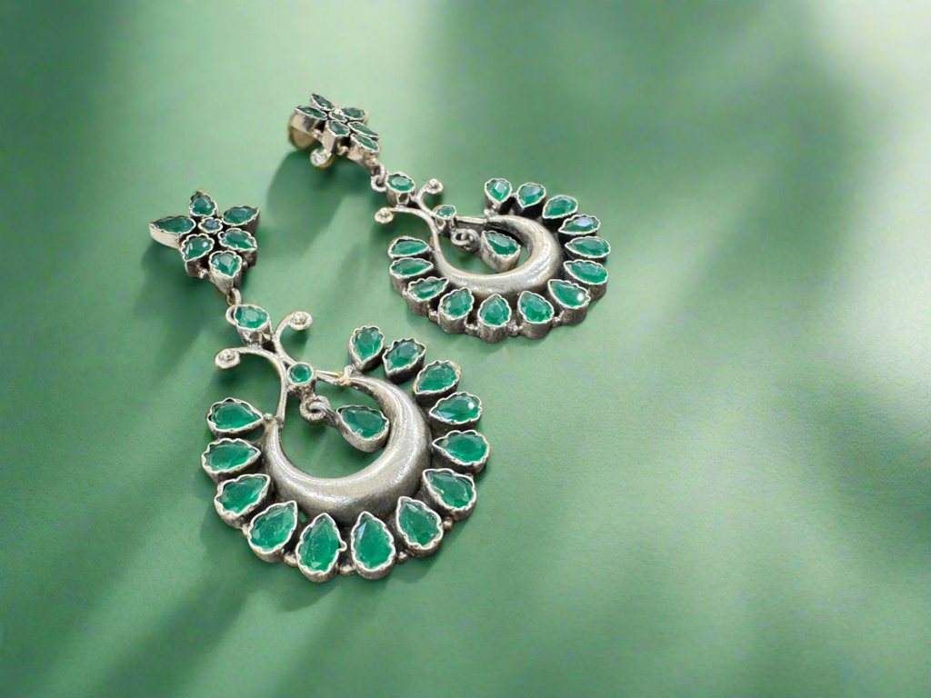Silver Green Stones 92.5 Silver Hanging Earrings