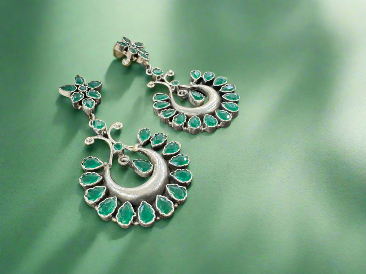 Silver Green Stones 92.5 Silver Hanging Earrings