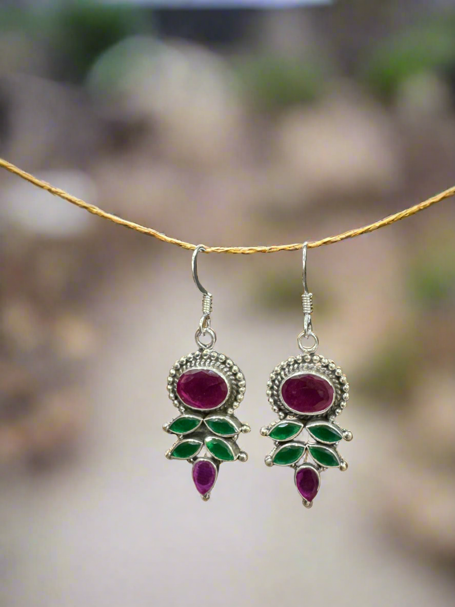 Silver Pink Green Hanging Earrings