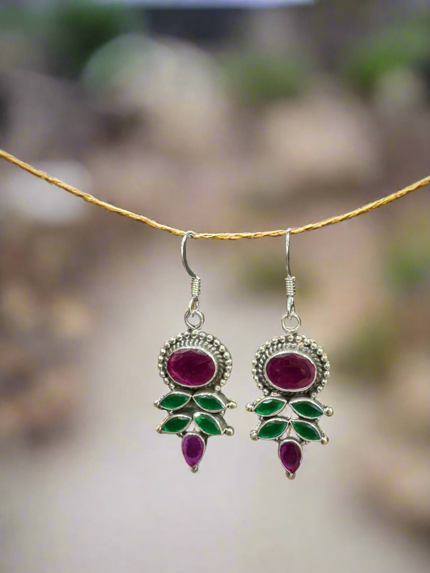 92.5 Silver Pink Green Hanging Earrings