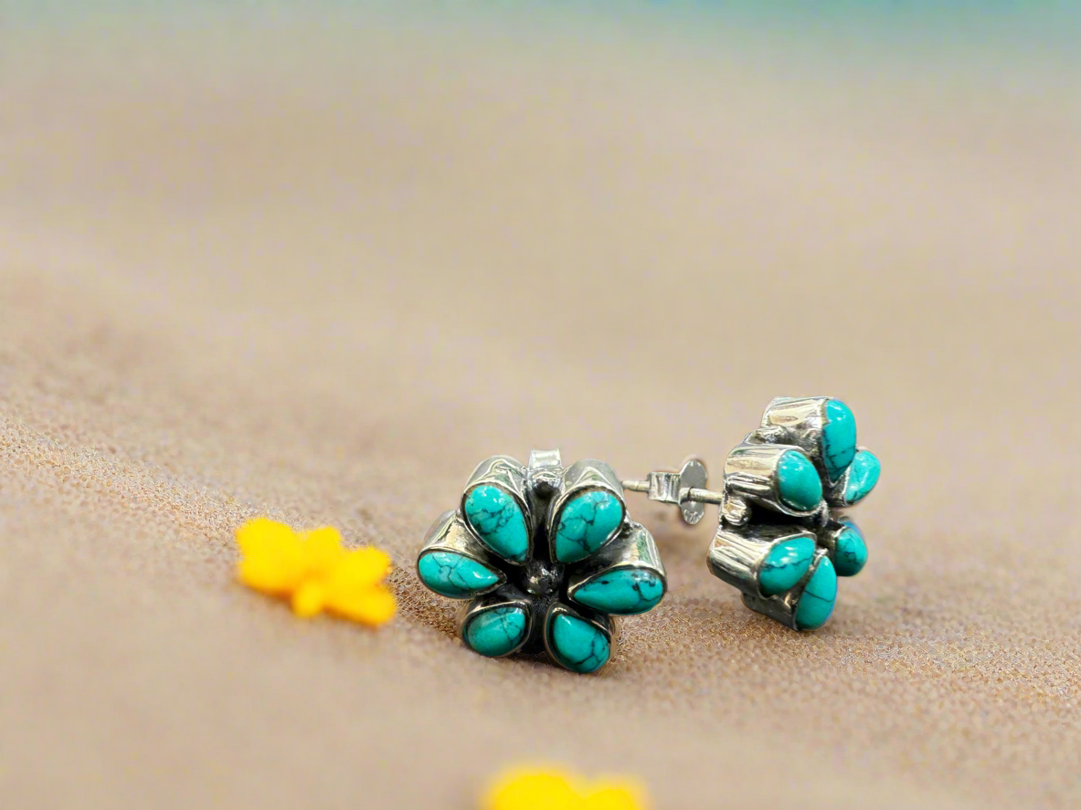 92.5 Silver Turquoise And Pink  Round Earrings