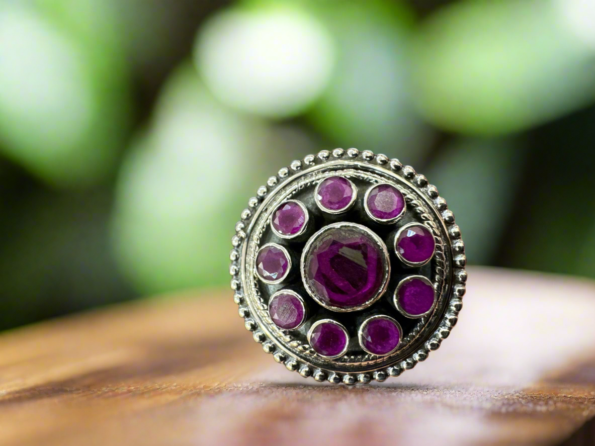 92.5 Silver Pink Round Stone Ring (Adjustable Size)