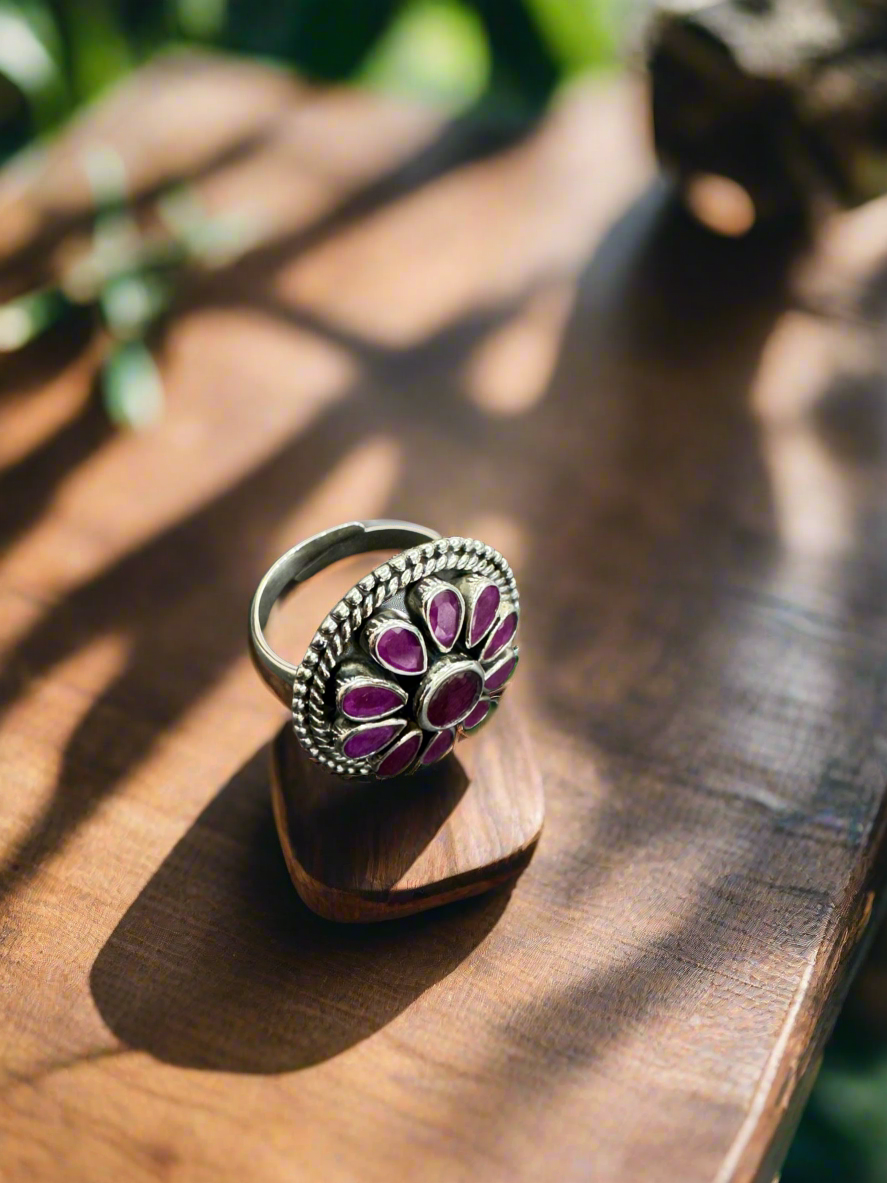 92.5 Silver Round Stone Ring (Adjustable Size)