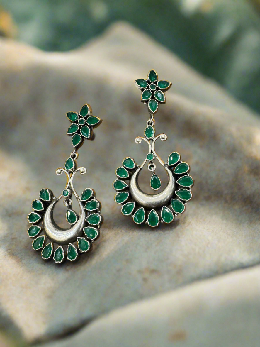 Silver Green Stones 92.5 Silver Hanging Earrings