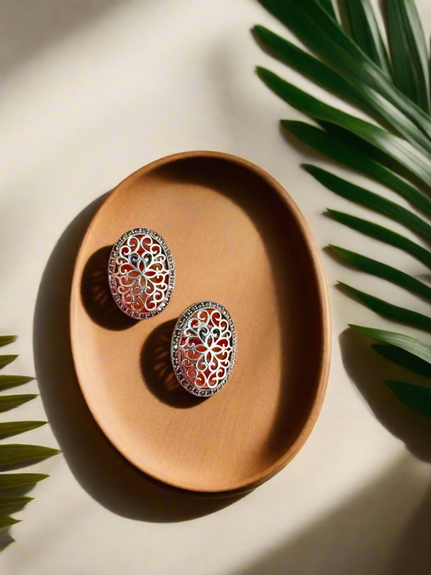 Vintage Nakshi 92.5 Silver Marcasite Stud Earrings