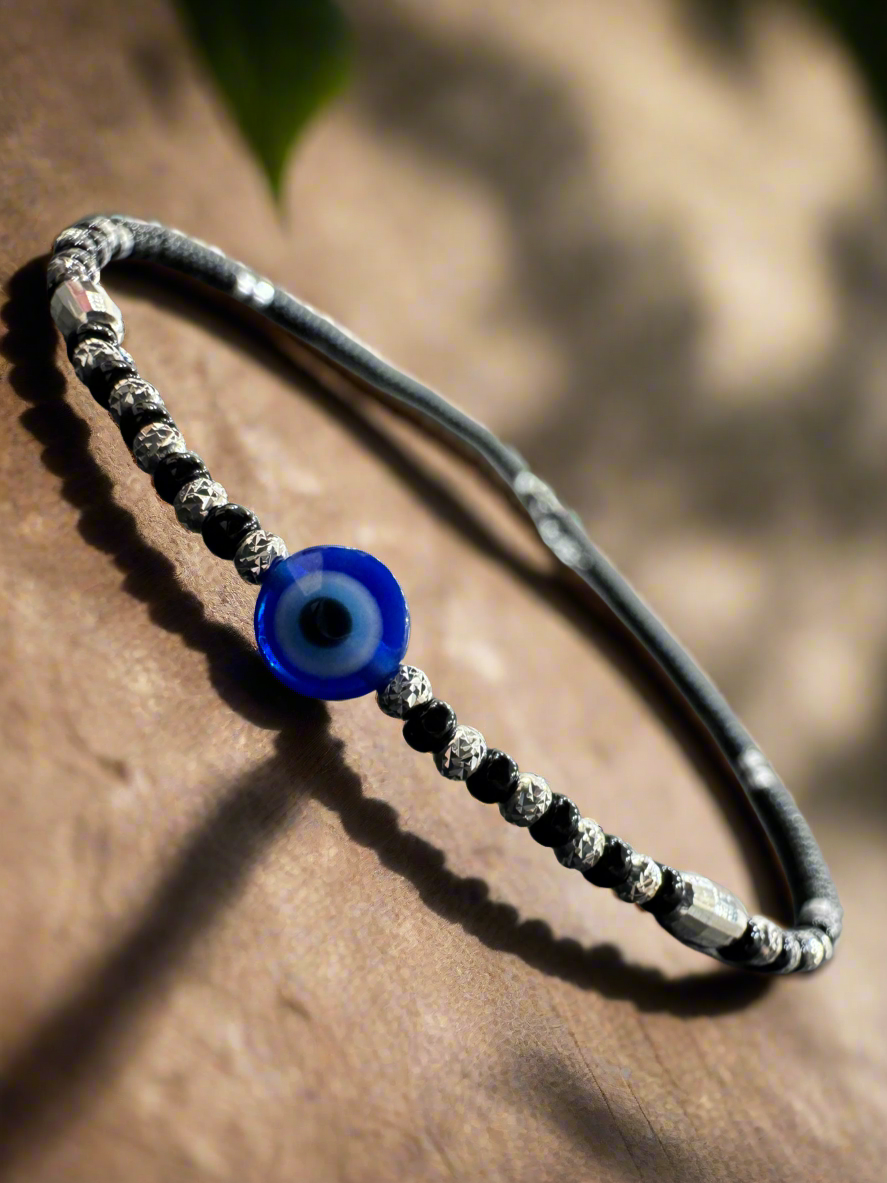 92.5 Silver Evil Eye Black String Light Weight Single Anklet