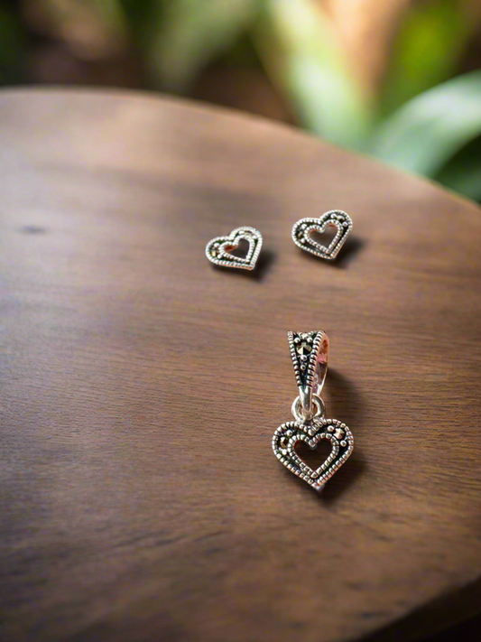 Vintage Heart Marcasite 92.5 Silver Earrings & Pendant Set