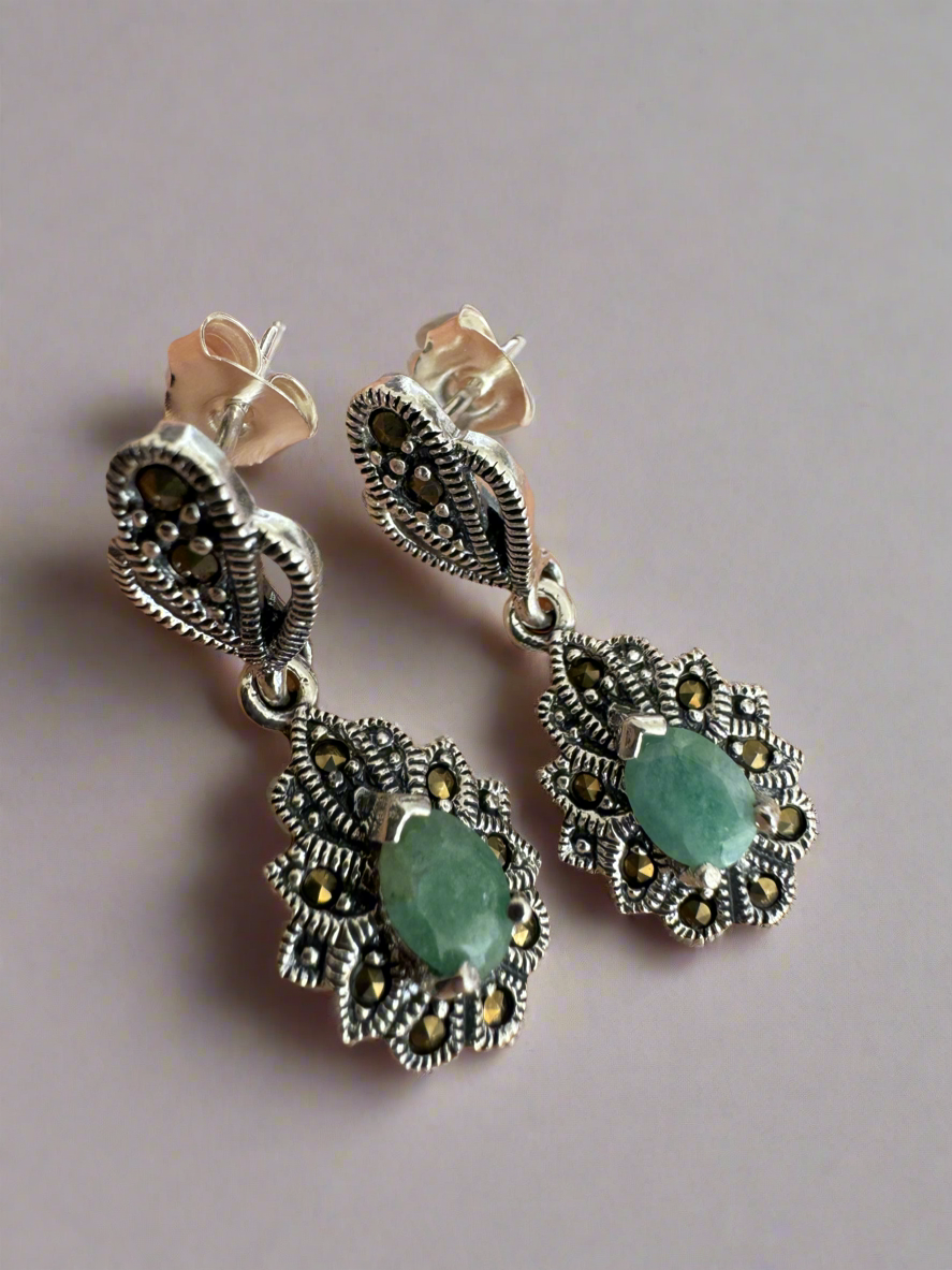 Silver Green Stone Earrings