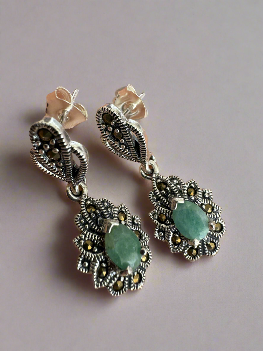 92.5 Silver Green Stone Earrings