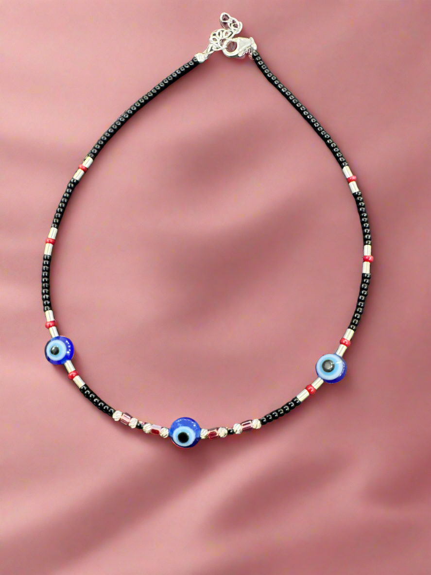 92.5 Silver Evil Eye Black String Light Weight Single Anklet
