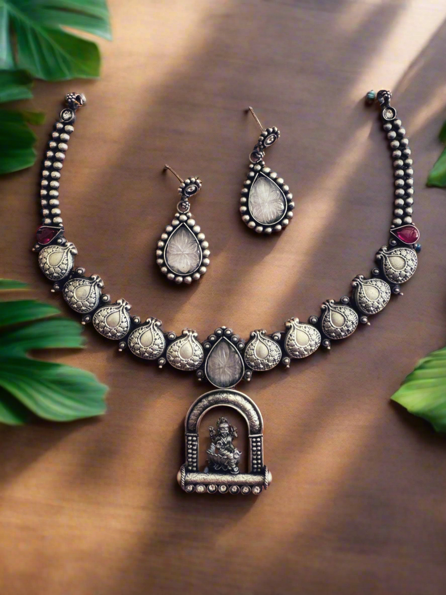 Antique Silver Saraswati Temple Necklace Set